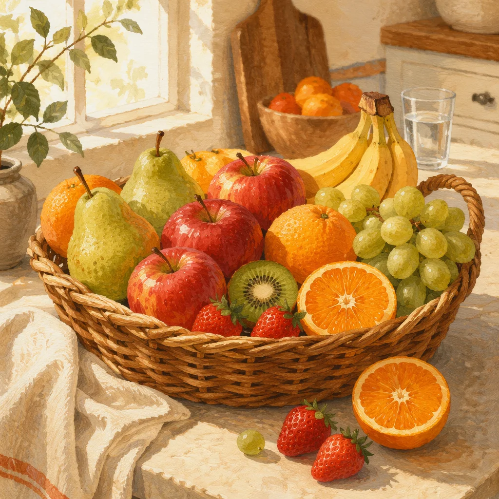 Colorful Fresh Fruit Basket in Kitchen
