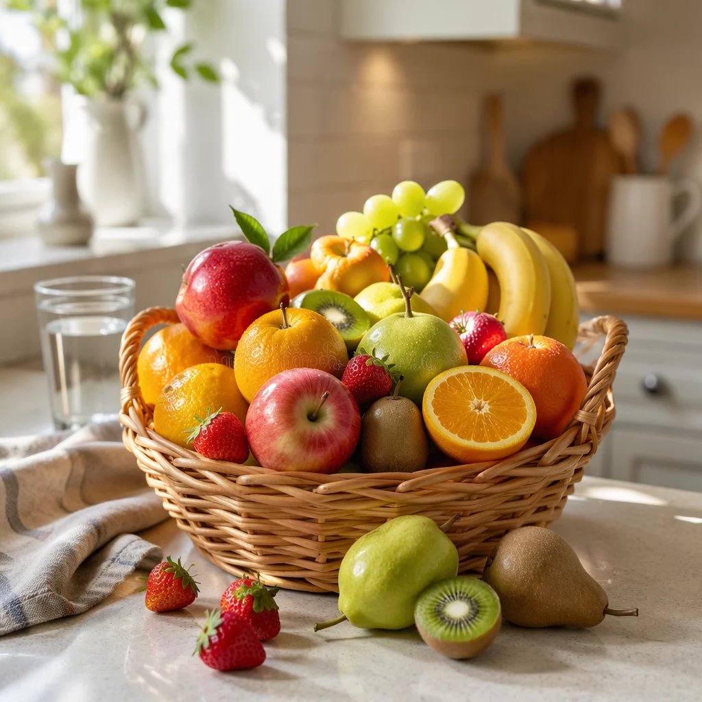 Colorful Fresh Fruit Basket in Sunlit Kitchen