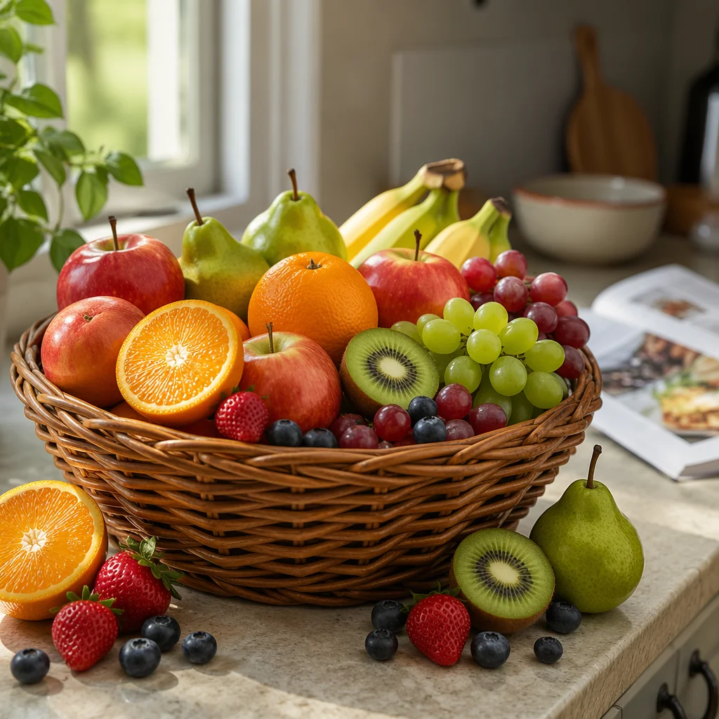 Colorful Fresh Fruit Basket in Kitchen