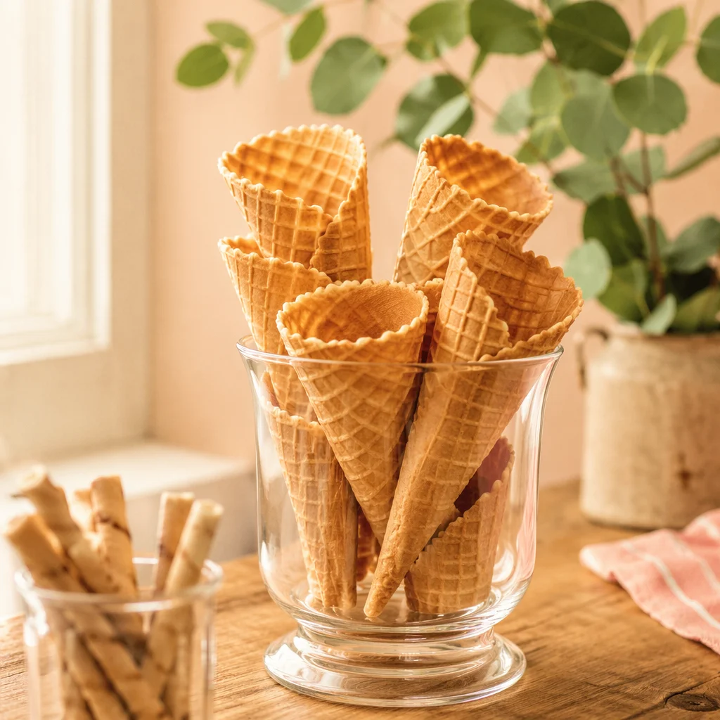 Golden Waffle Cones on Summer Table