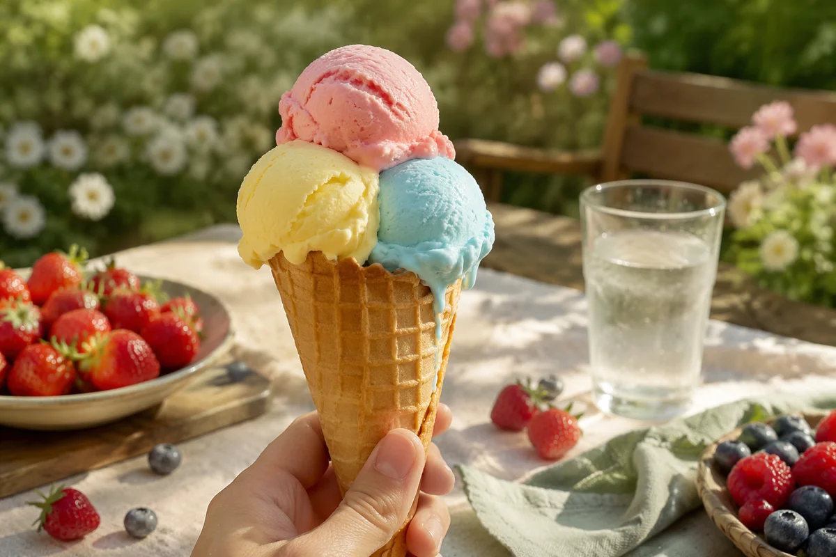 Colorful Ice Cream Cone in Summer Garden