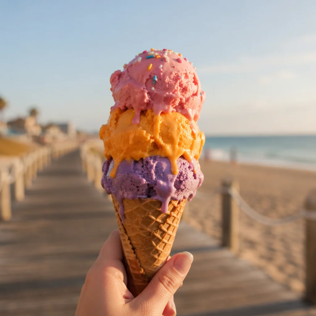 Colorful Triple Scoop Ice Cream at Beach