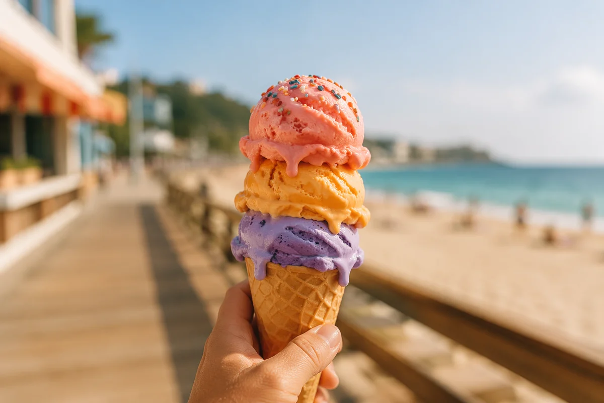 Colorful Triple Scoop Ice Cream by Beach