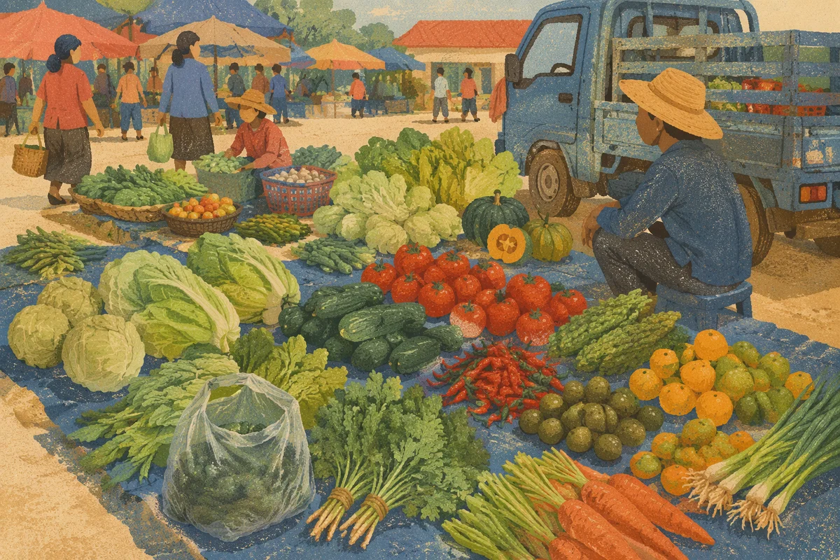 Colorful Outdoor Market Stall with Fresh Produce