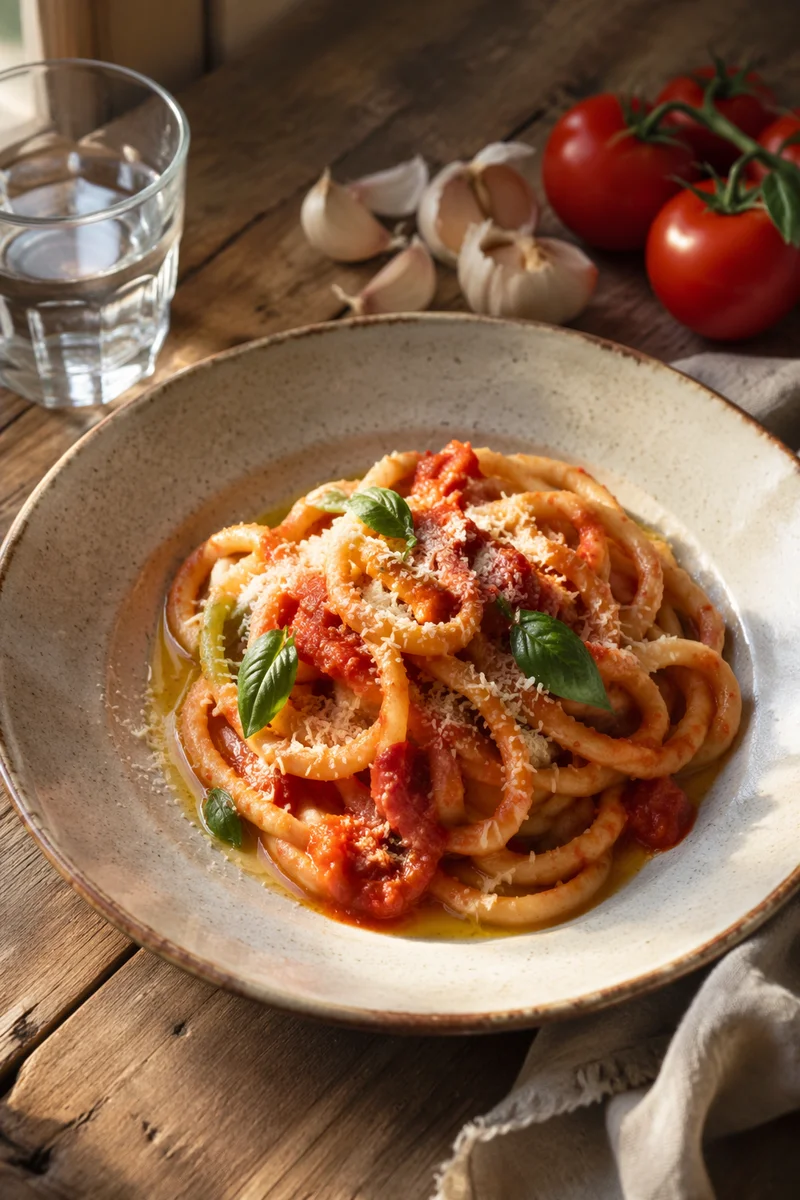 Rustic Tomato Basil Pasta in Warm Light