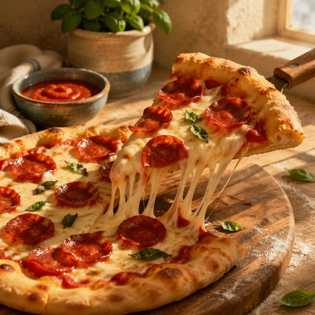 Fresh Pepperoni Pizza Slice with Stretching Cheese
