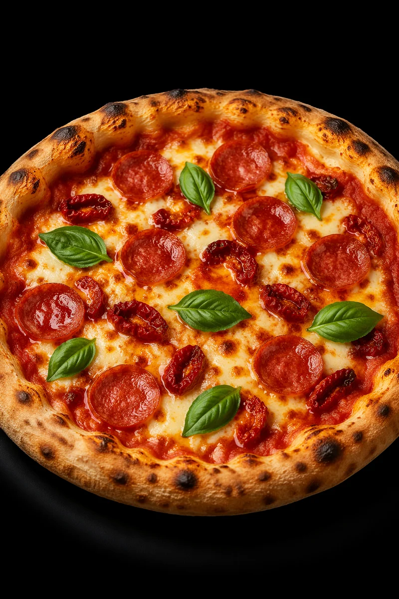 Fresh Pepperoni Pizza with Basil on Black