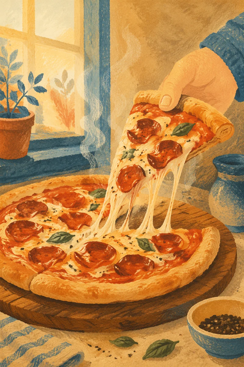 Fresh Pepperoni Pizza Slice with Stretching Cheese