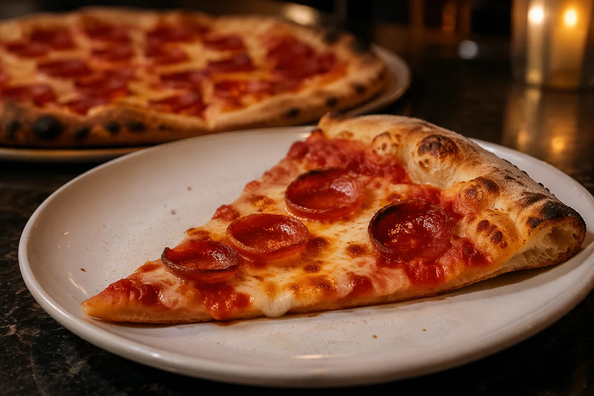Fresh Pepperoni Pizza Slice on White Plate