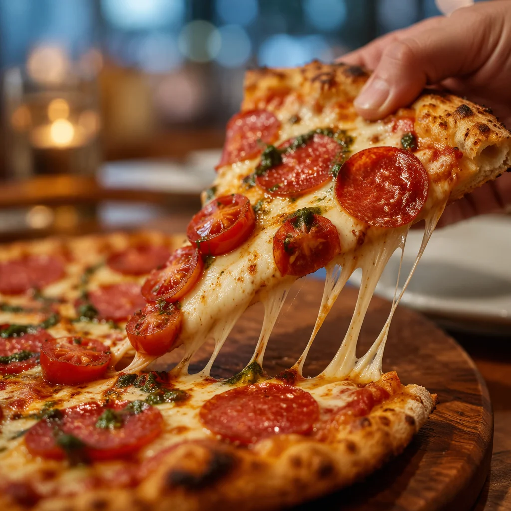 Fresh Pepperoni Pizza Slice With Melted Cheese