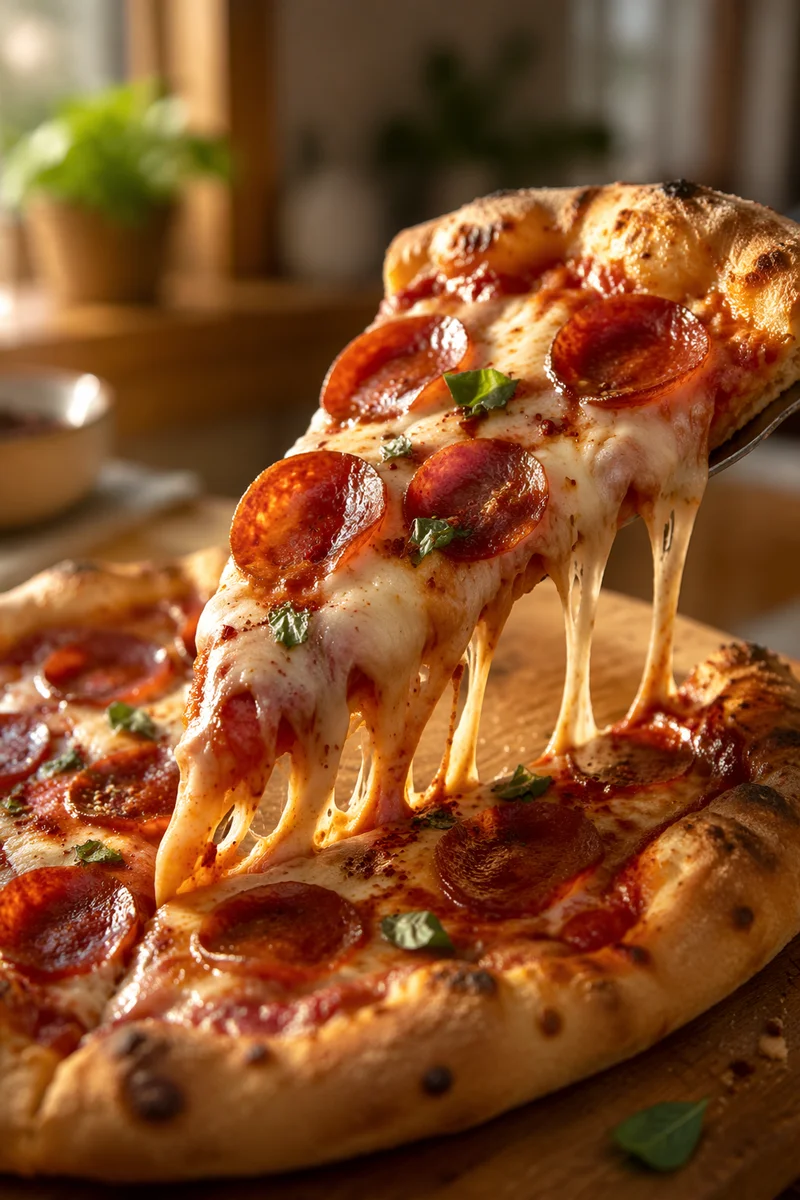 Fresh Pepperoni Pizza Slice With Stretchy Cheese