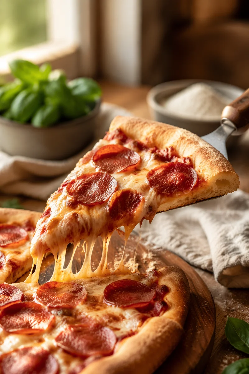 Fresh Pepperoni Pizza Slice with Stretching Cheese