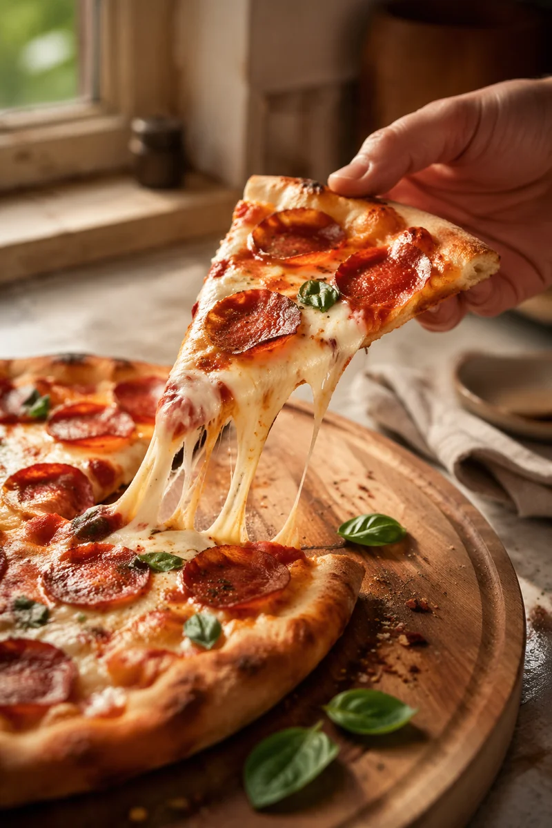 Fresh Pepperoni Pizza Slice With Melting Cheese