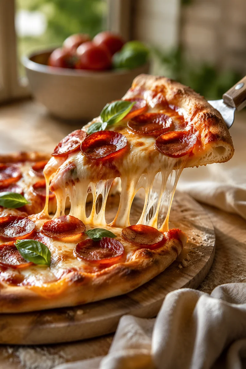 Fresh Pepperoni Pizza Slice Cheese Pull