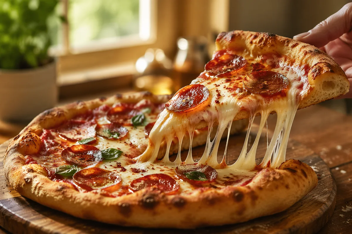 Fresh Pepperoni Pizza Slice with Stretchy Cheese