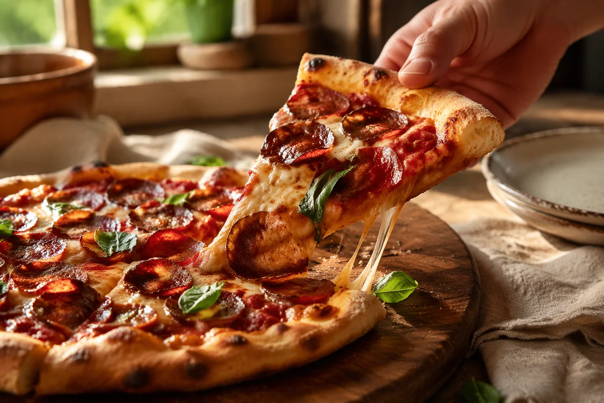 Fresh Pepperoni Pizza Slice with Stretching Cheese