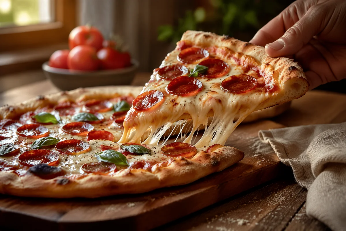 Fresh Pepperoni Pizza Slice with Cheese Pull