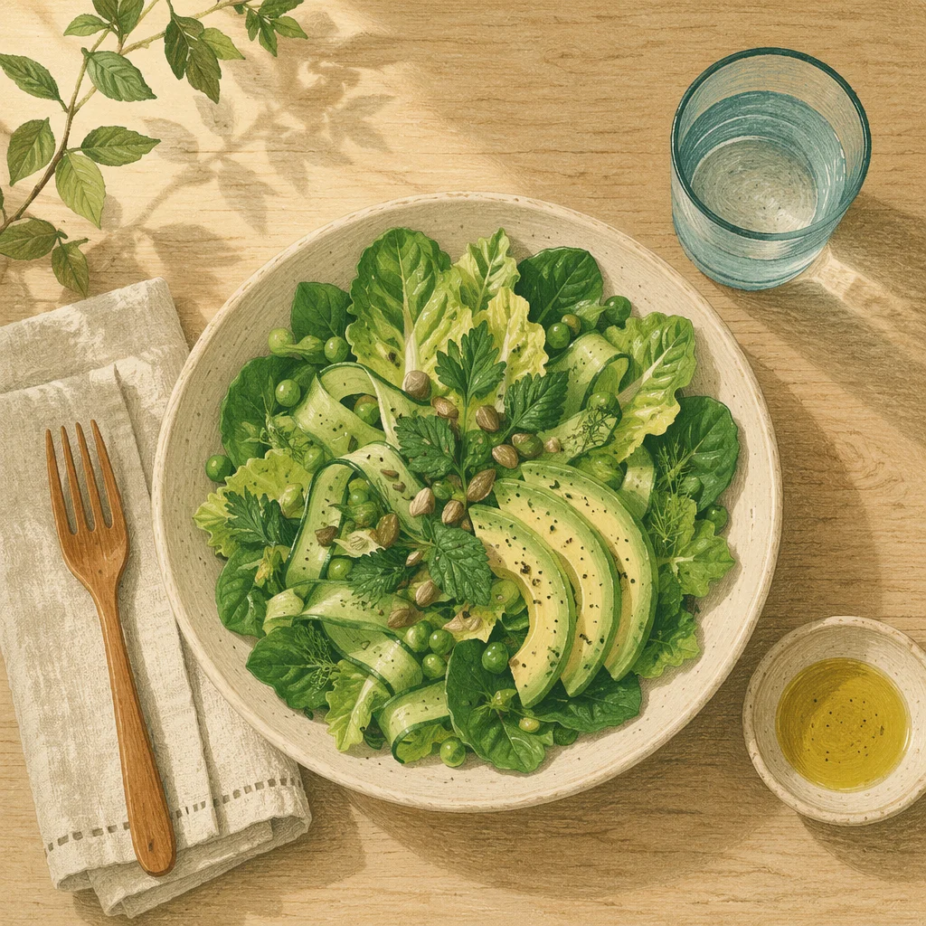 Healthy Green Salad Overhead on Oak Table