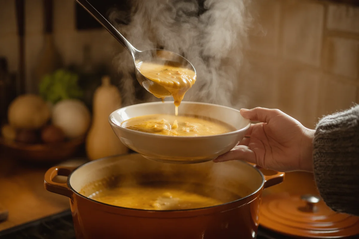Steaming Golden Soup in Cozy Winter Kitchen
