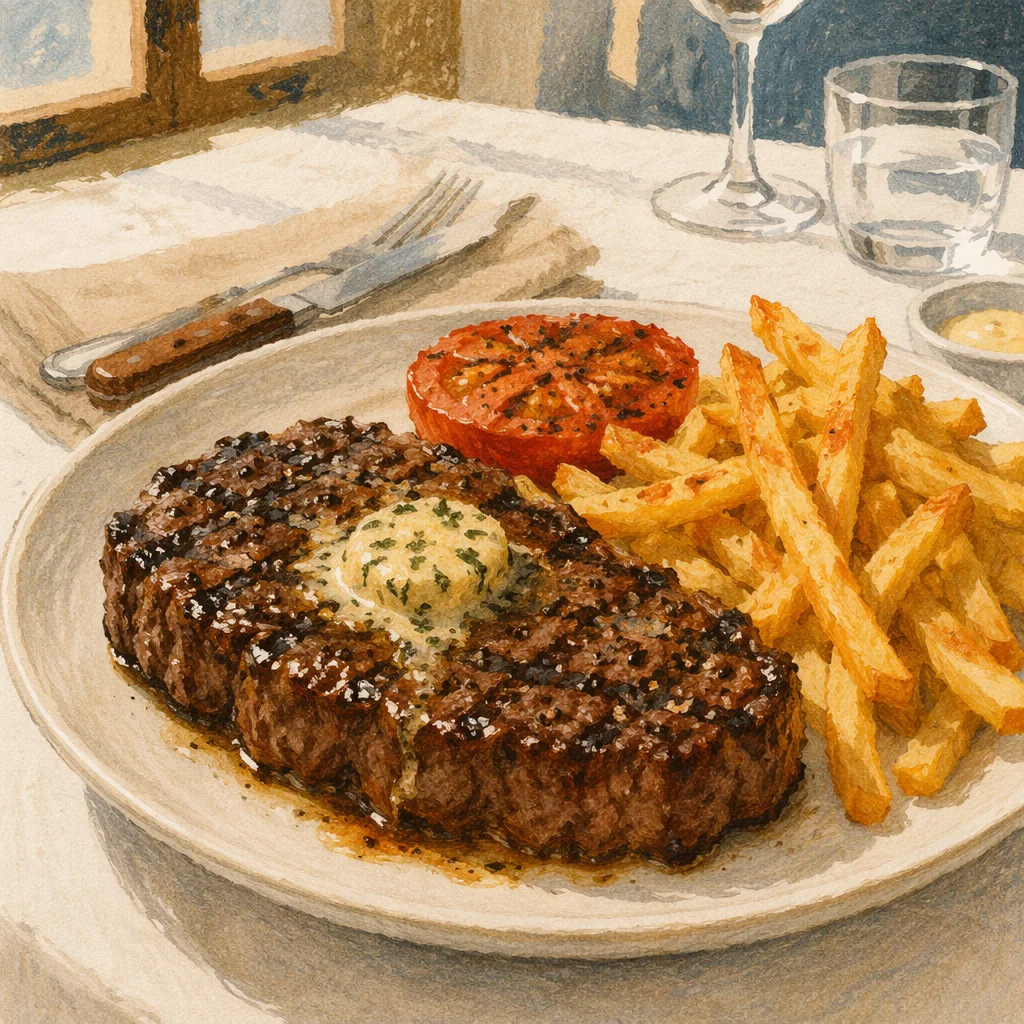 Grilled Steak Dinner with Fries and Tomato