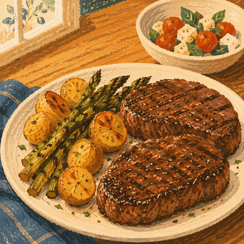 Hearty Grilled Steak Dinner on White Plate
