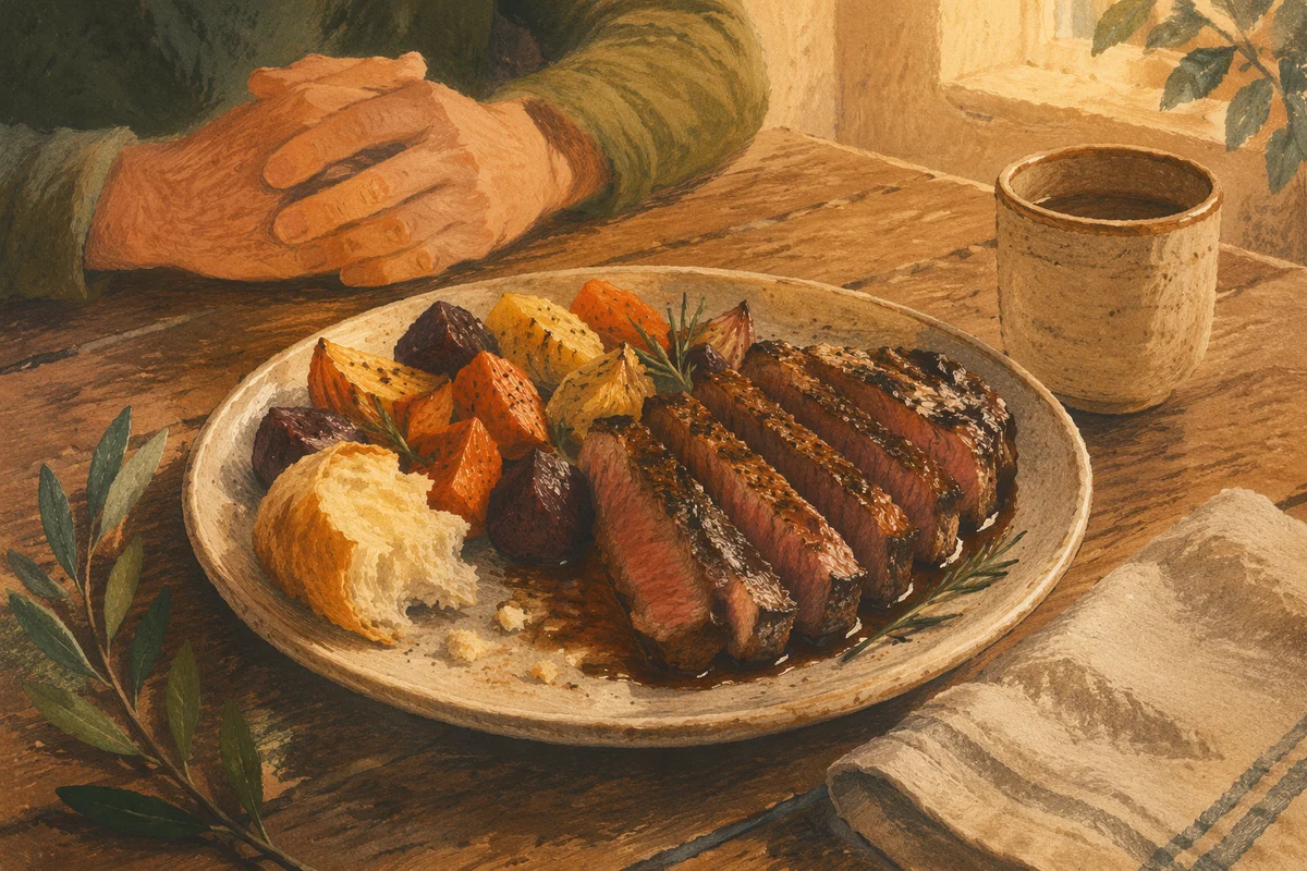 Grateful Meal With Grilled Steak and Bread