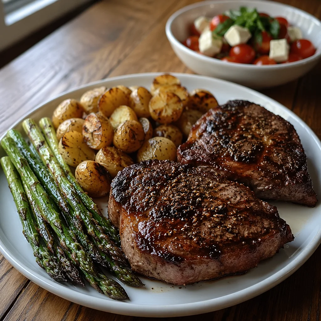 Hearty Grilled Steak Dinner on White Plate