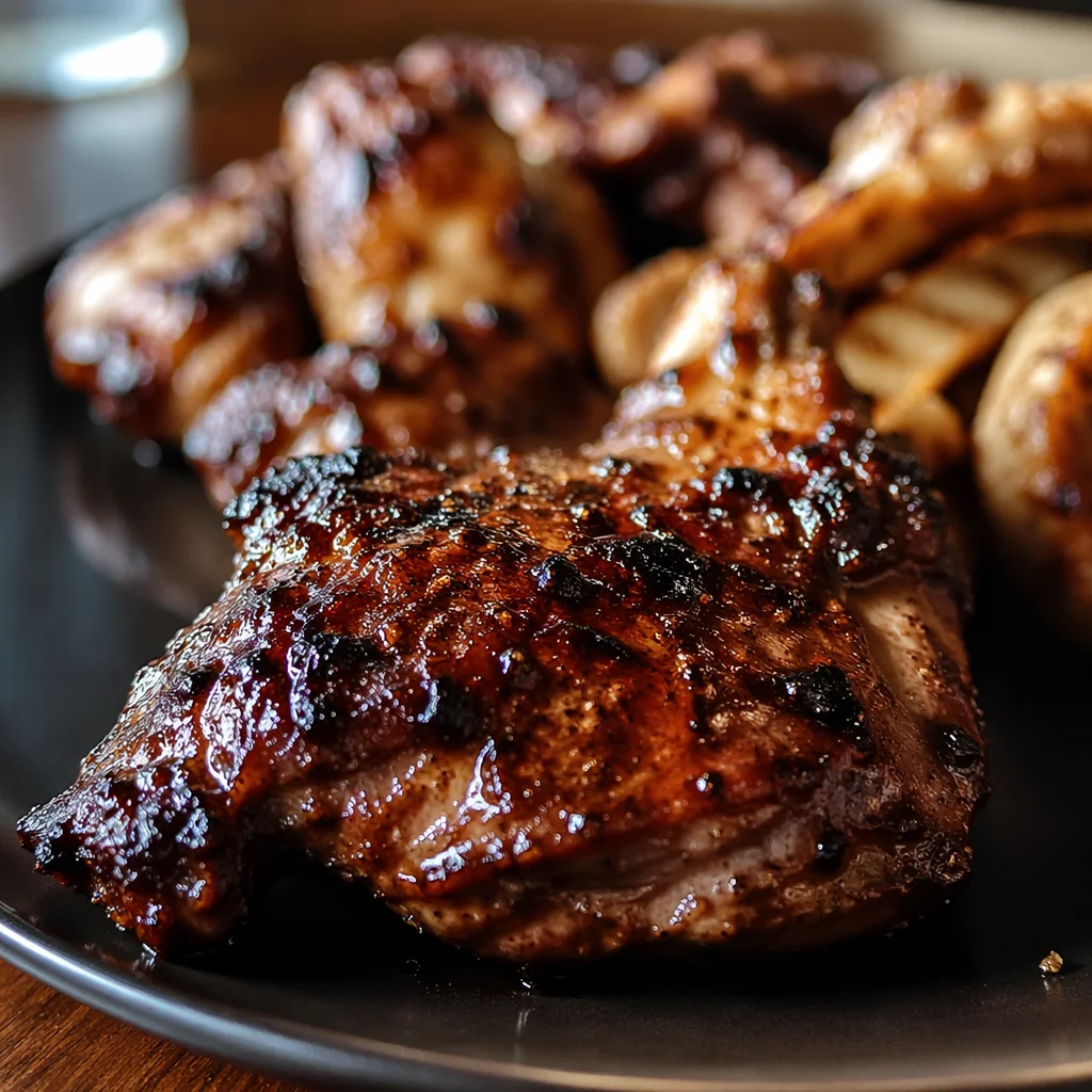Glazed Grilled Steak on Dark Dinner Plate