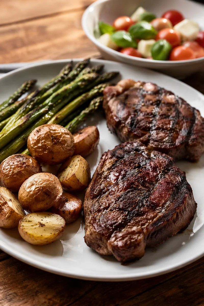 Hearty Grilled Steak Dinner on White Plate