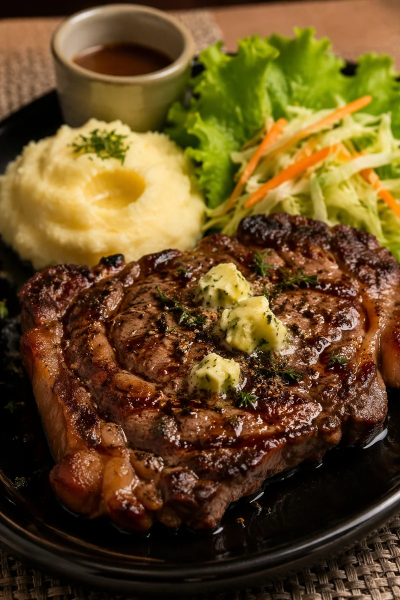 Juicy Grilled Steak Dinner on Black Plate