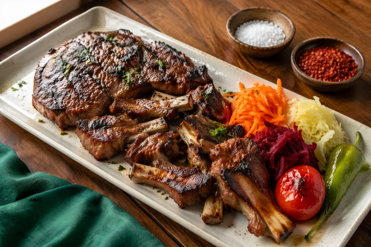 Grilled Steak Dinner on Rustic Wooden Table