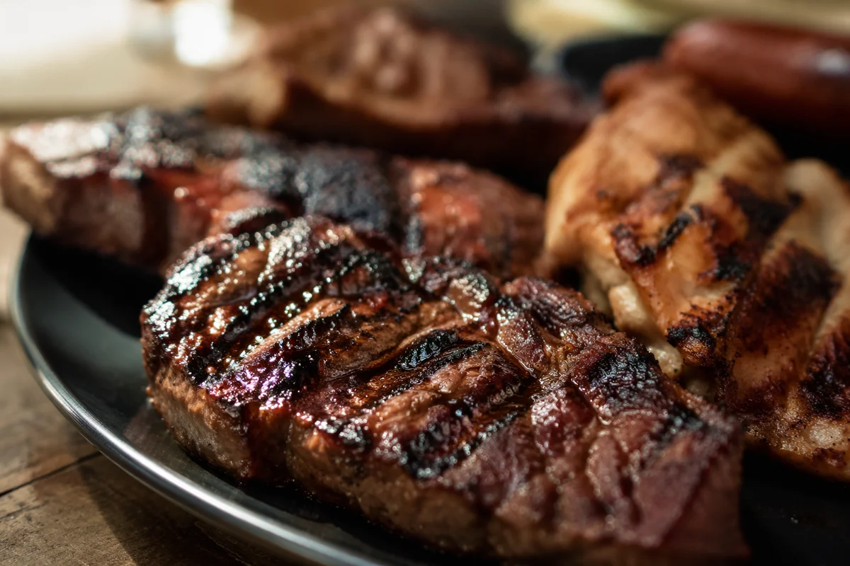 Glazed Grilled Steak on Dark Dinner Plate