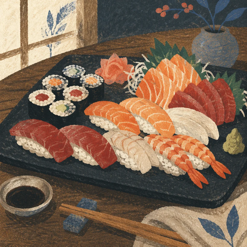 Close-Up Japanese Sushi Platter on Black Tray