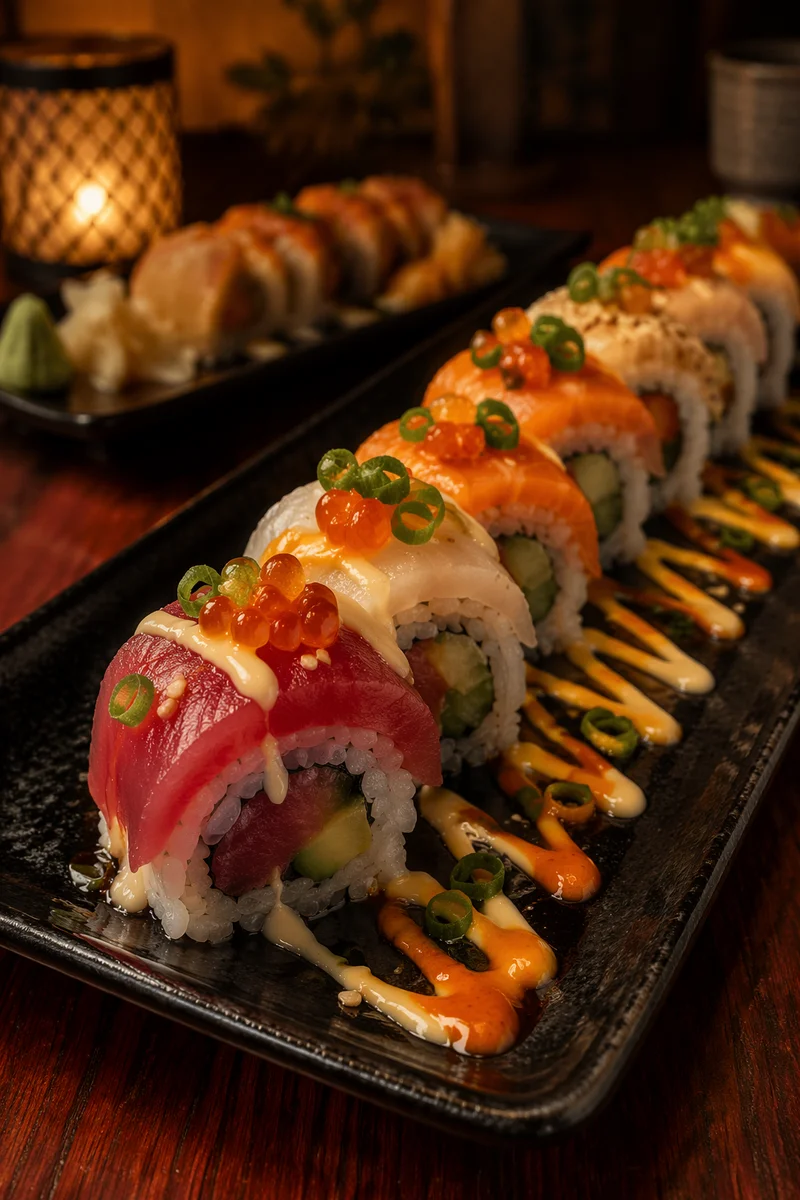 Assorted Sushi Platter on Warm Wooden Table