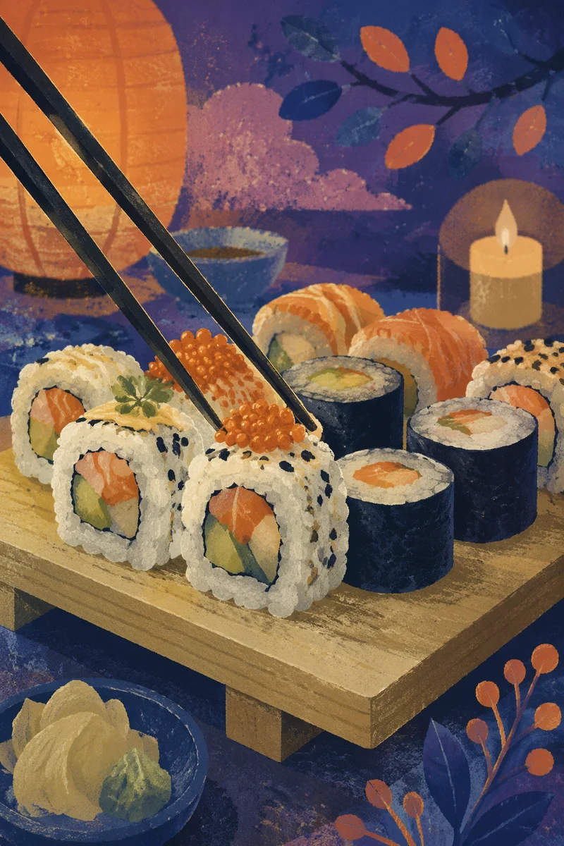 Moody Close-Up Sushi Platter with Chopsticks