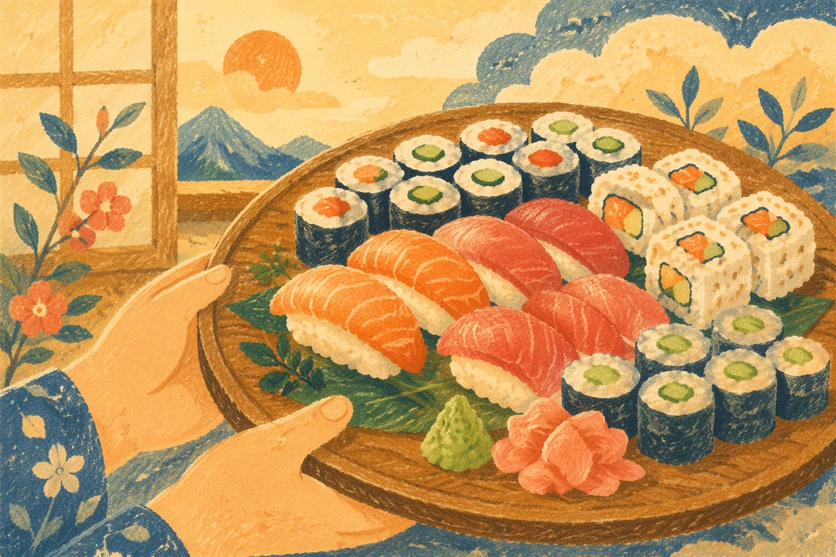 Warm Close Up of Assorted Sushi Platter