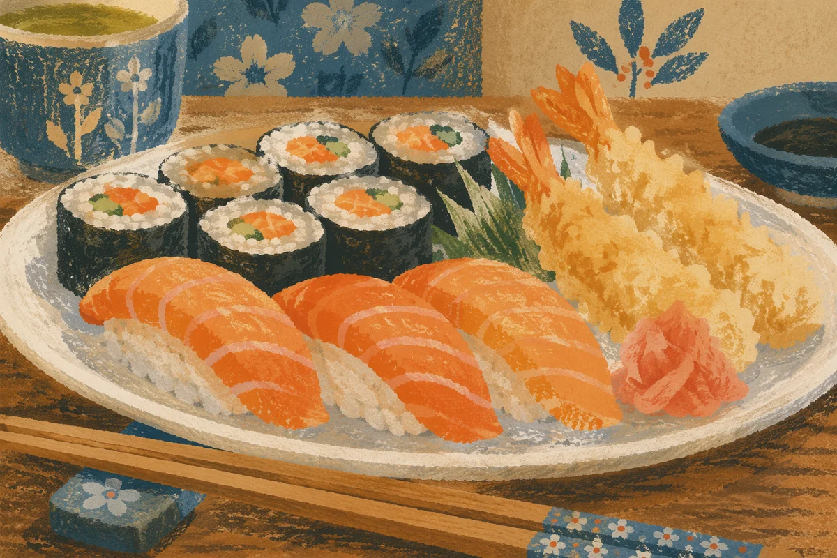 Close-Up Japanese Sushi Platter on Wood