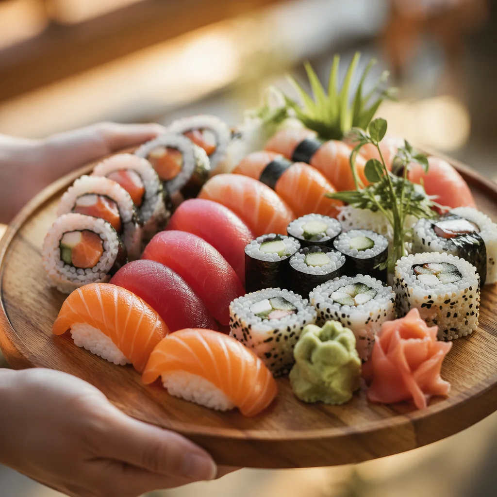 Assorted Sushi Platter in Warm Afternoon Light