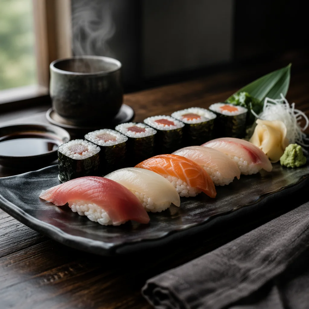 Elegant Japanese Sushi Platter Close Up