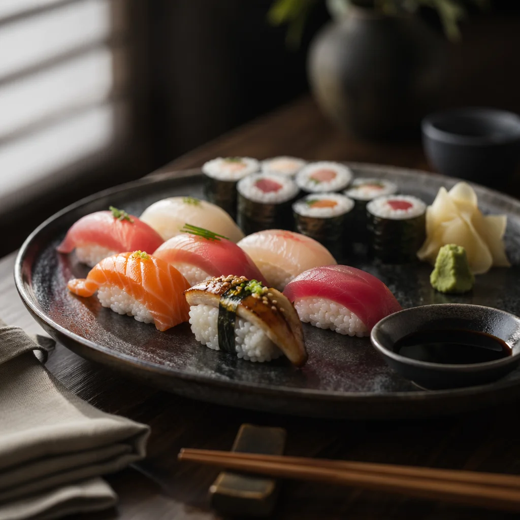 Elegant Japanese Sushi Platter Close Up