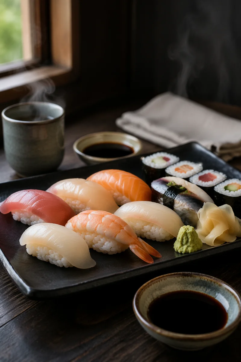 Elegant Japanese Sushi Platter Close Up