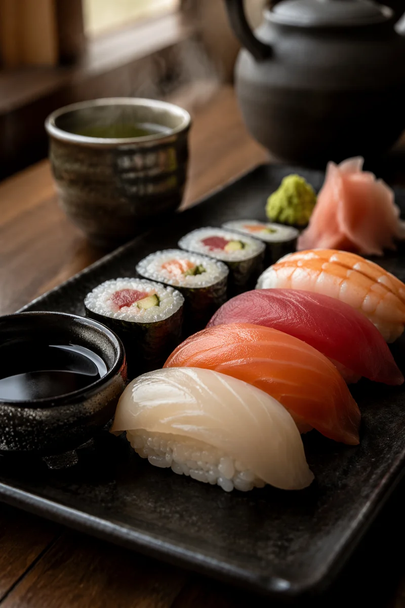 Elegant Sushi Platter on Black Ceramic Plate