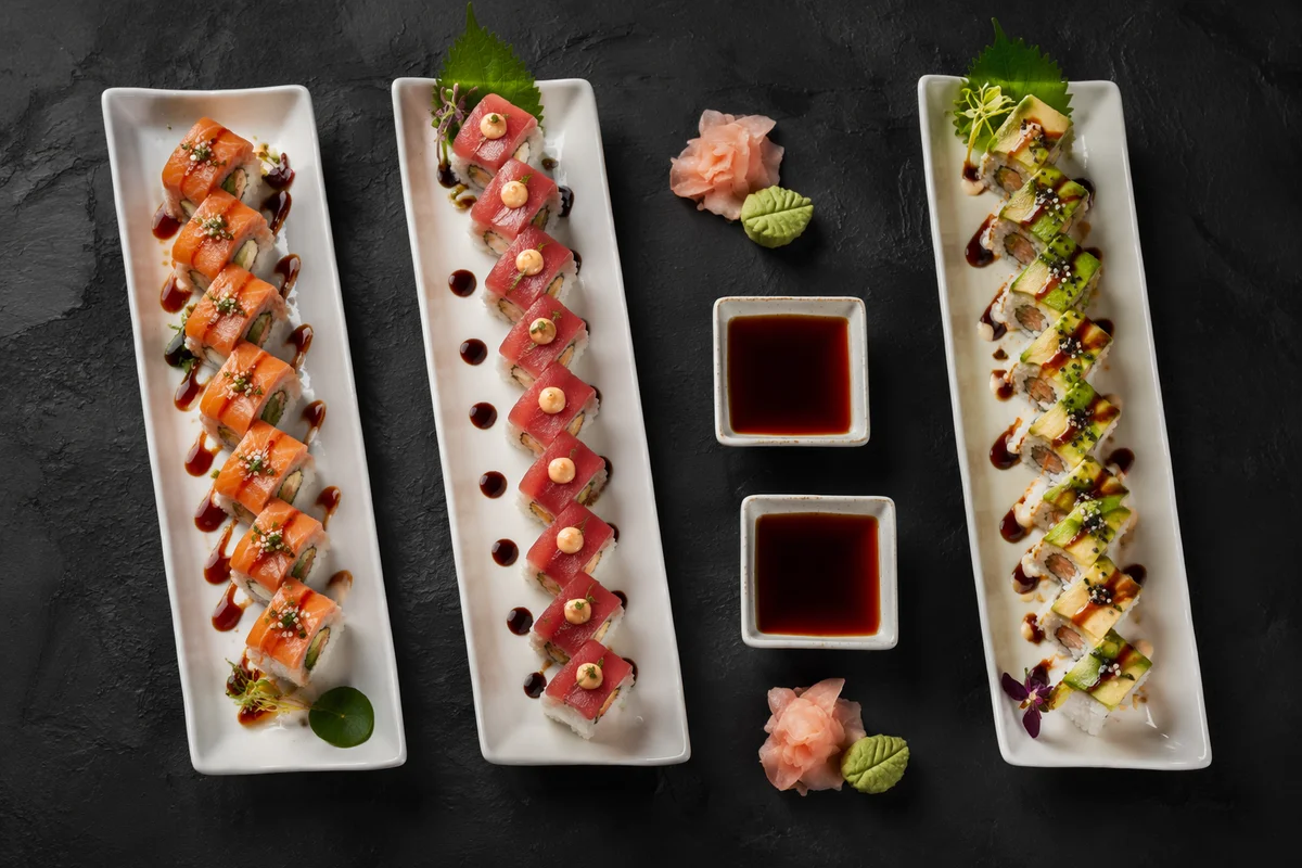 Elegant Japanese Sushi Platter Overhead Closeup