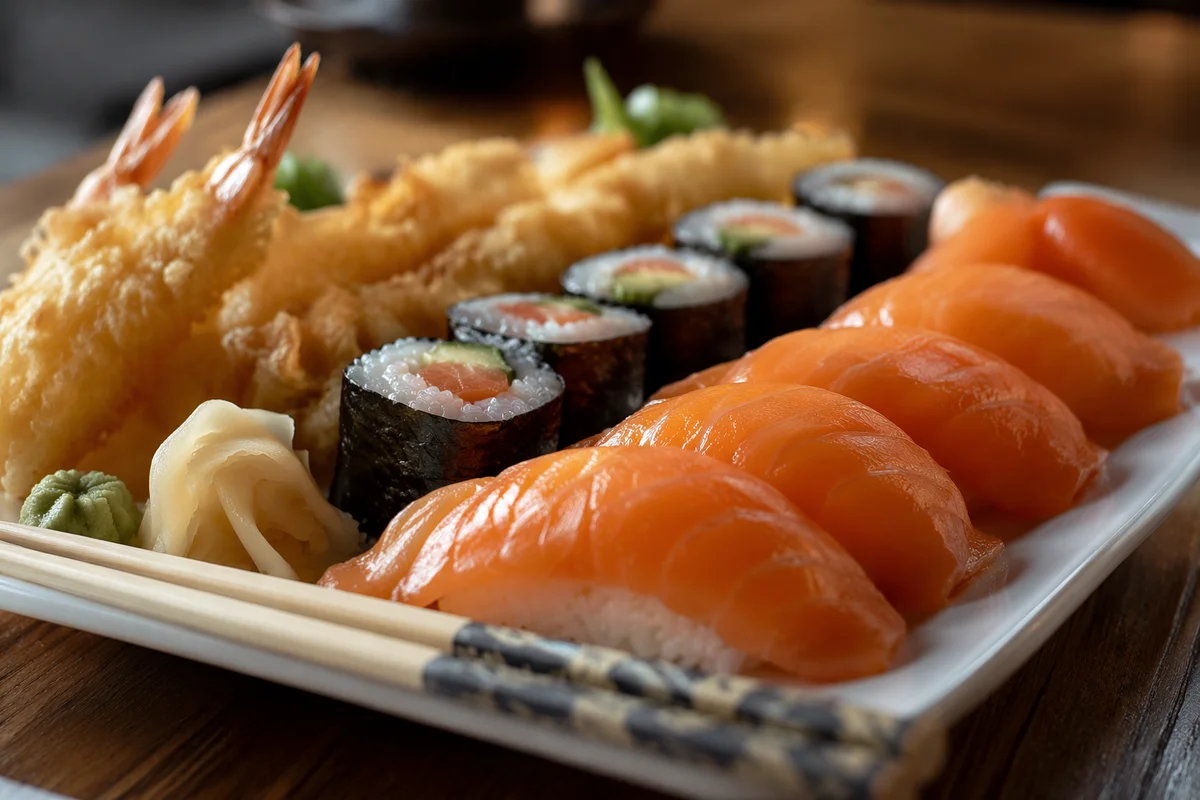 Close-Up Japanese Sushi Platter on Wood