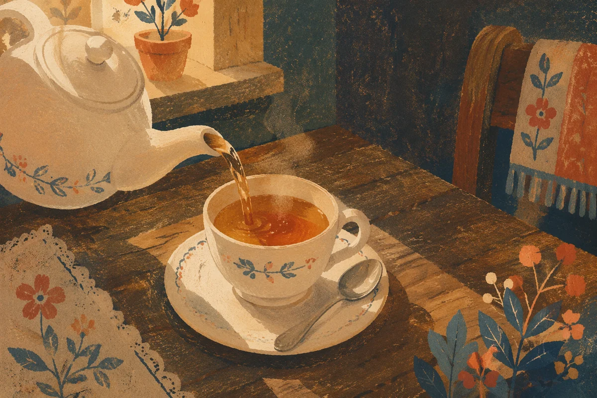 Cozy Ceramic Teapot Pouring Amber Tea