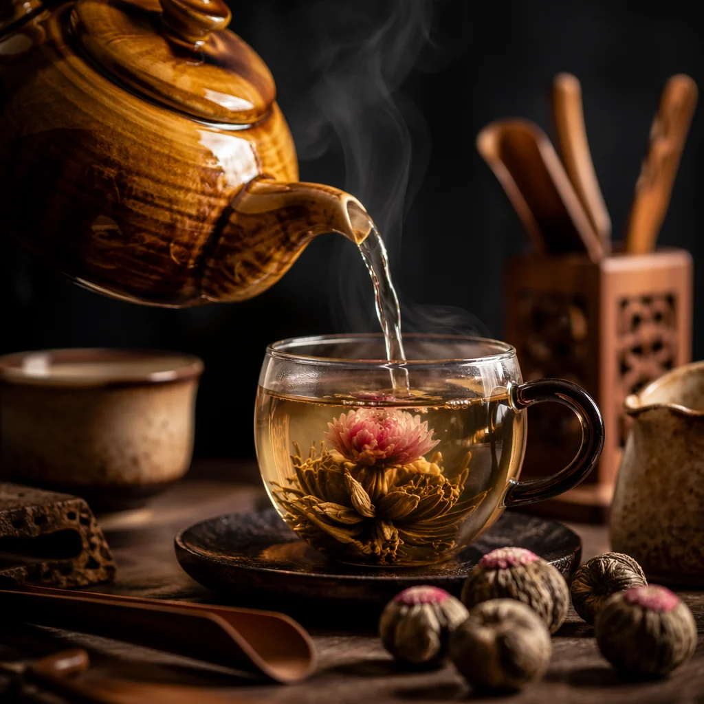 Cozy Ceramic Teapot Pouring Blooming Tea