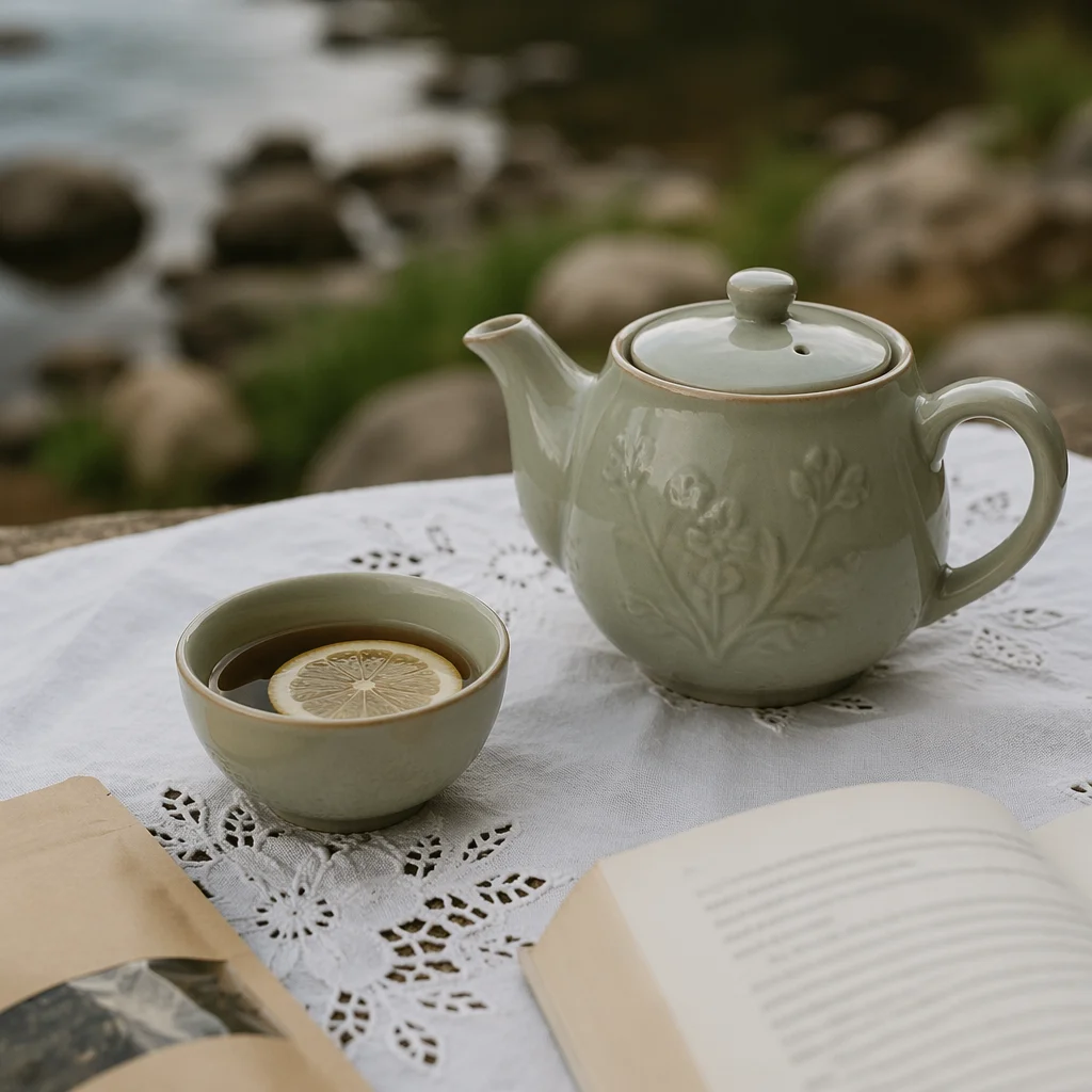 Cozy Sage Ceramic Tea Picnic Scene