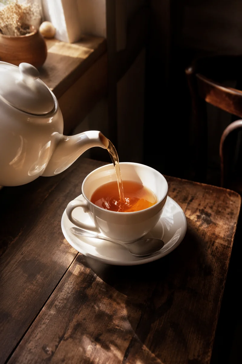 Cozy Ceramic Teapot Pouring Warm Amber Tea