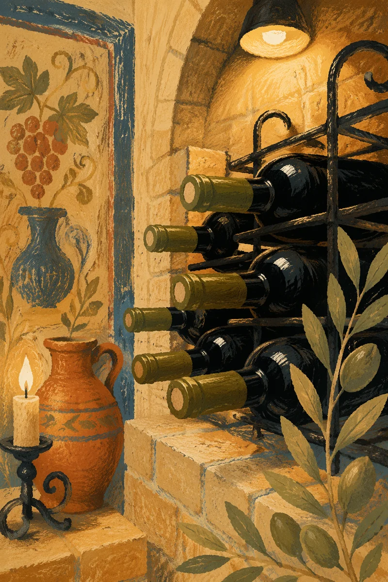 Rustic Red Wine Bottles in Cozy Cellar