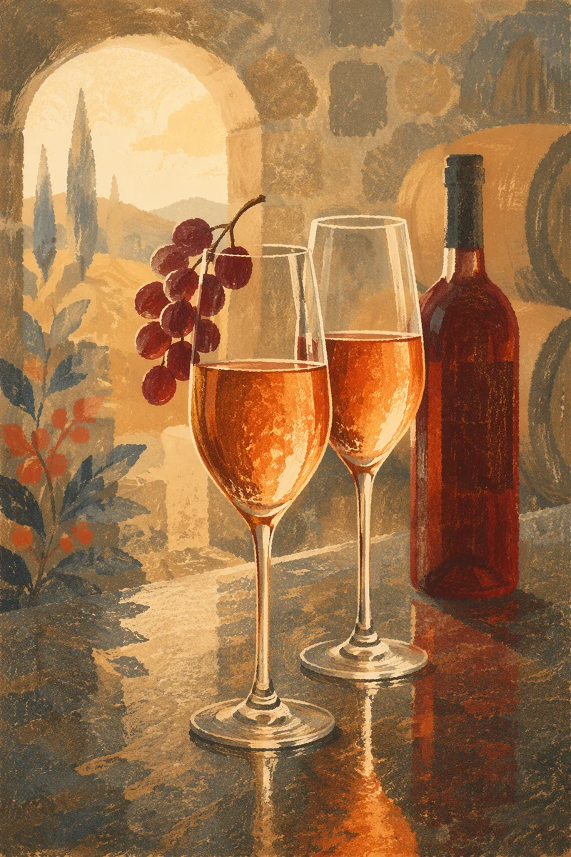 Glowing Rosé Wine Flutes in Cellar